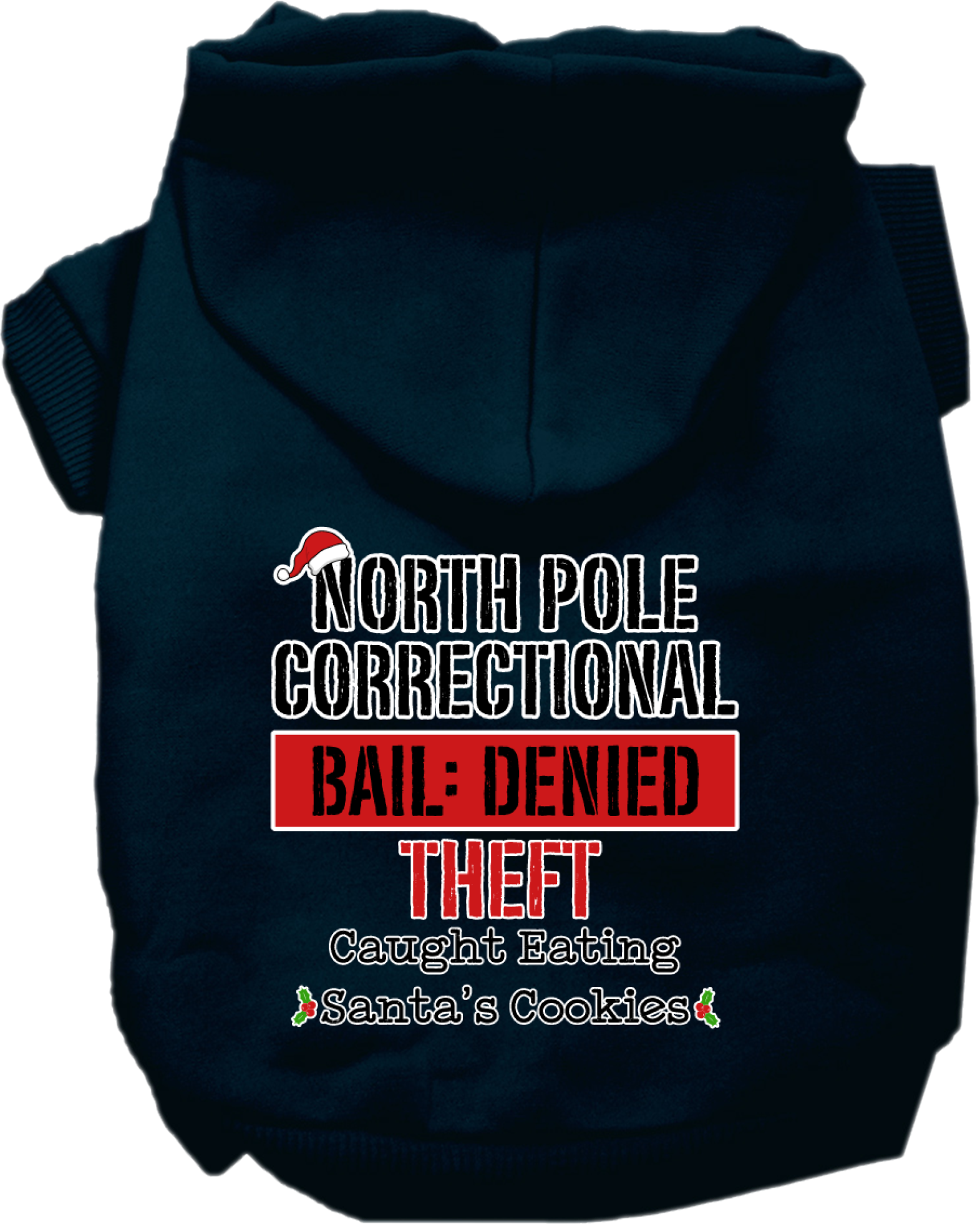 North Pole Correctional Screen Print Dog Hoodie Navy Blue Size XS